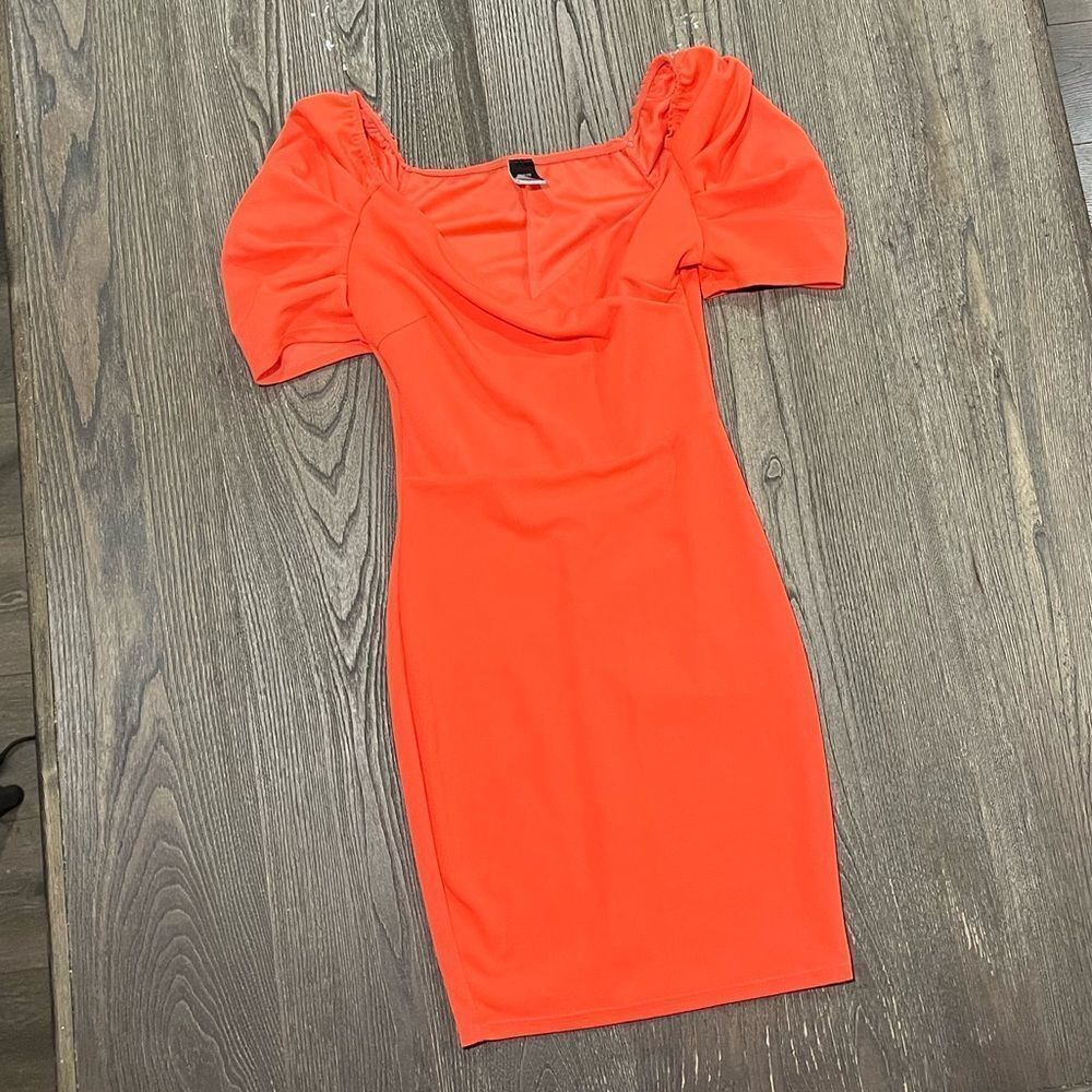 Gibiu Dress Mini Puff Sleeve Square Neck Fitted Bodycon Orange Size S